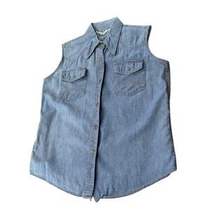 Vintage Chambray Denim Sleeveless Button Front Shirt Western Medium -